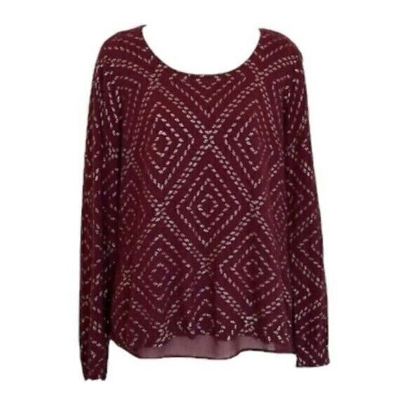 Lucky Brand Maroon Gold Metallic Pattern Tunic Layered Top Size XL‎ Chiffon Trim - Picture 1 of 8